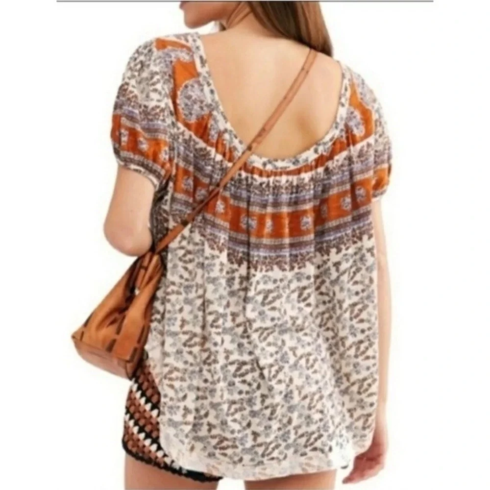 FREE PEOPLE Paisley‎ Puff Sleeve Swing Top XS Boho Oversized